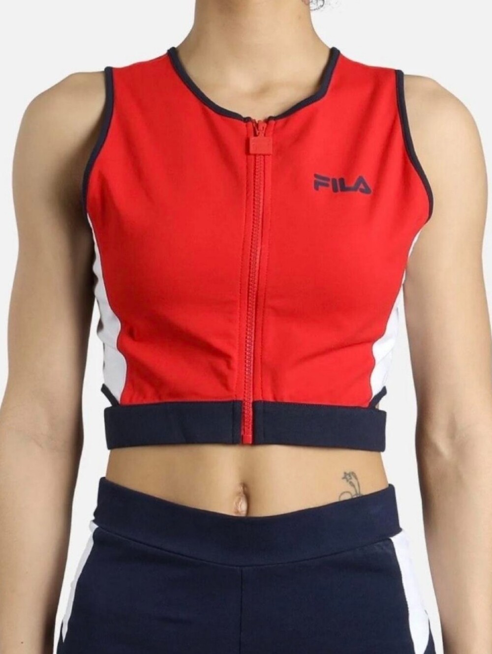 Fila Red Sleeveless Zip-Up Athletic Crop Top with Navy Trim